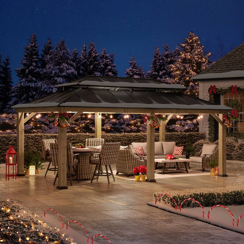 Sunjoy Outdoor Cedar Wood Frame Patio Gazebo Steel Hardtop