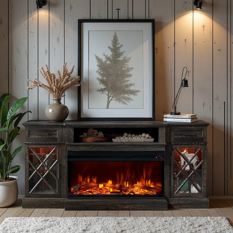 Farmhouse 3-Sided Electric Fireplace TV Stand, Entertainment Center - Dark Rustic Oak