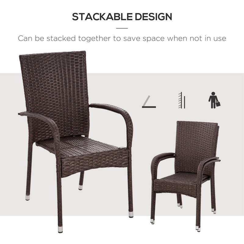 Outsunny Stackable PE Rattan Outdoor Dining Chairs with Cushion, Patio Wicker Dining Chair with Armrests and Backrest for Patio
