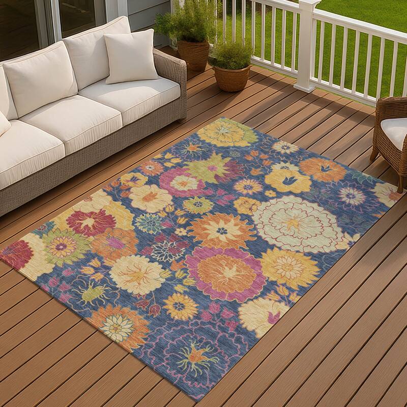 Machine Washable Indoor/ Outdoor Modern Floral Chantille Rug - Navy - 3' x 5'