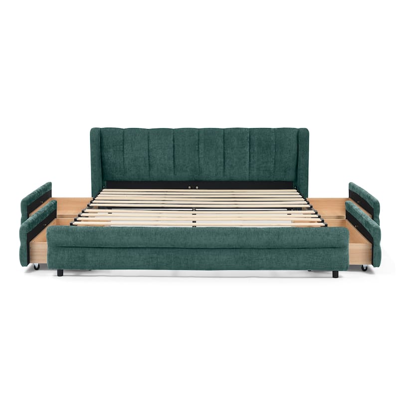 Thick Fabric Upholstered Bed Frame, Low Profile Storage Platform Bed with 4 Storage Drawers, Metal Legs and Wood Slat Support