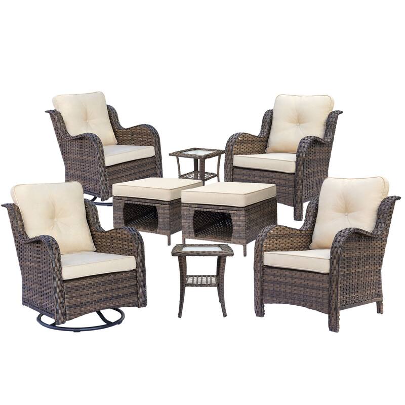 8 Piece Outdoor Wicker Patio Furniture Swivel Glider Chair Ottoman Set