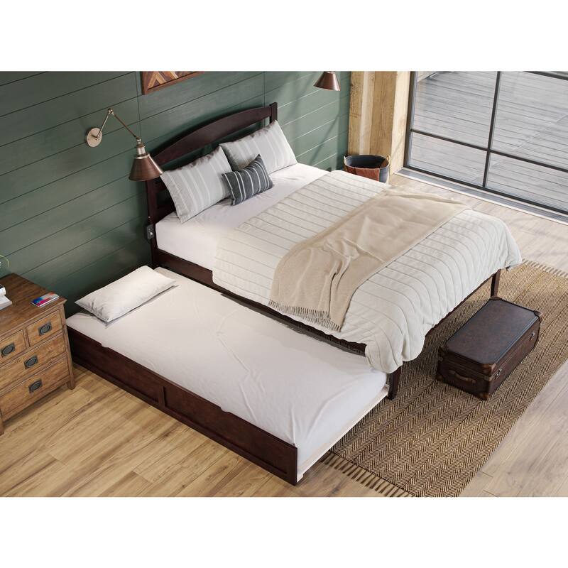 Wood Platform Bed with Trundle & Charging Station - Full Size, Espresso Finish