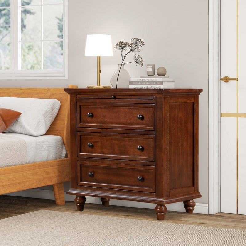 Farmhouse 3-Drawers Wood Nightstands with Pull Out Tray and Solid Wood Legs