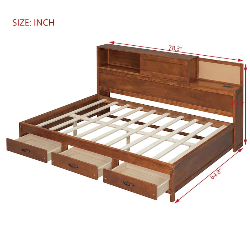 Roomfitters Full Size Wooden Daybed with Storage, USB Ports, Shelf and Soft Backrest Panel, Functional Frame
