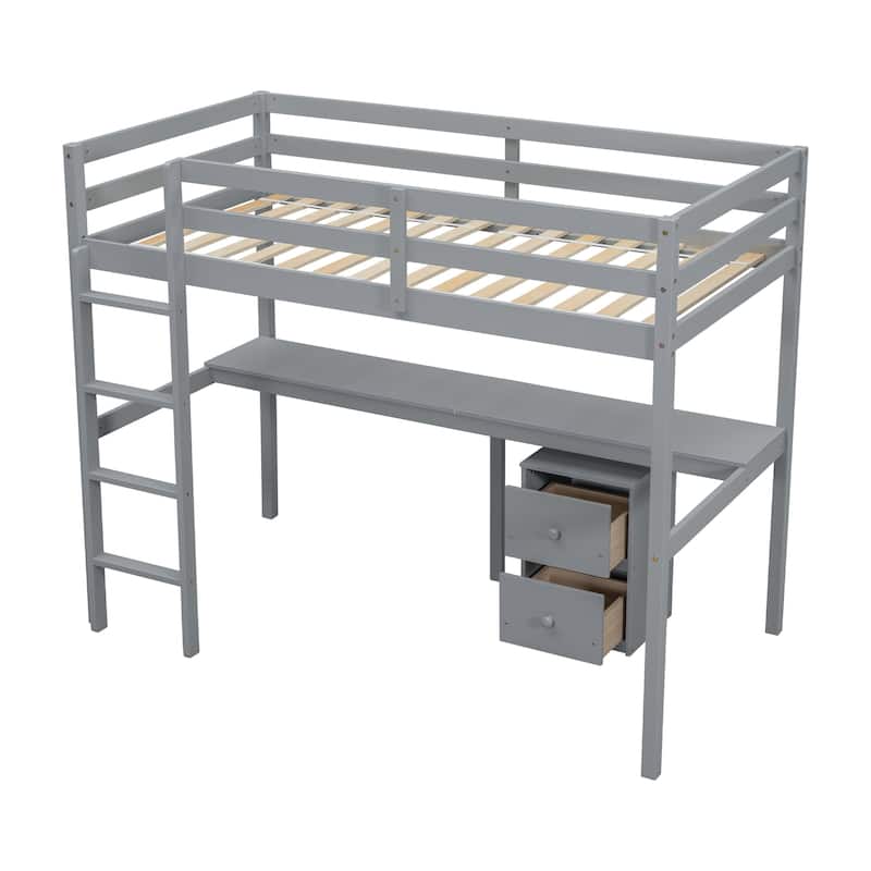 Grey Twin Size Wood Loft Bed with Under-bed Storage and Desk