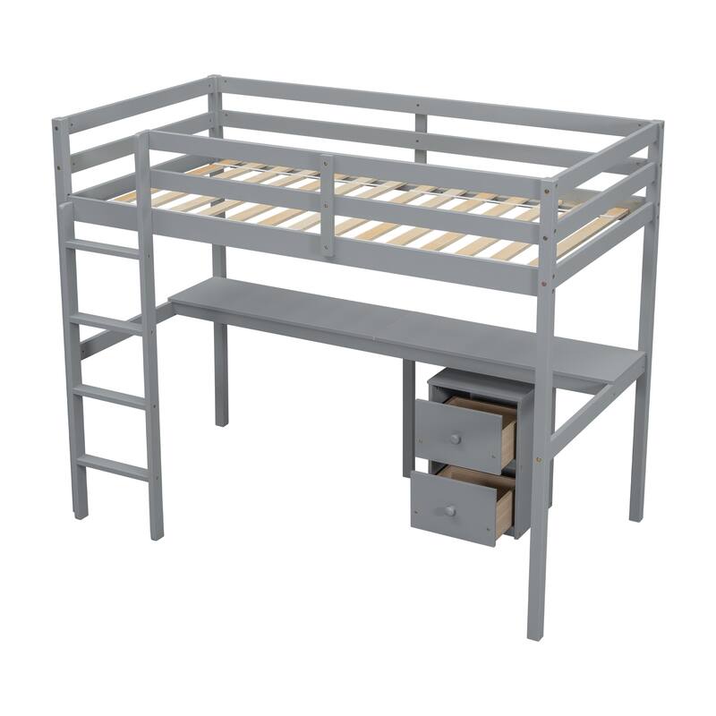 Twin Size Wood Loft Bed with Desk, Storage, and Ladder