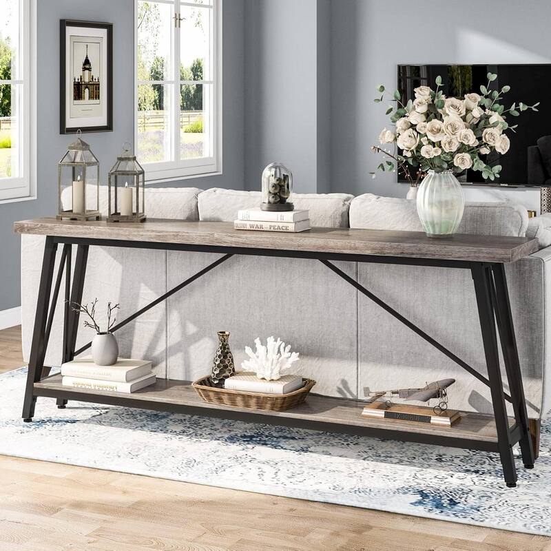 Heavy Duty 70-inch Industrial Brown Wood Top Sofa Table with White Metal Frame