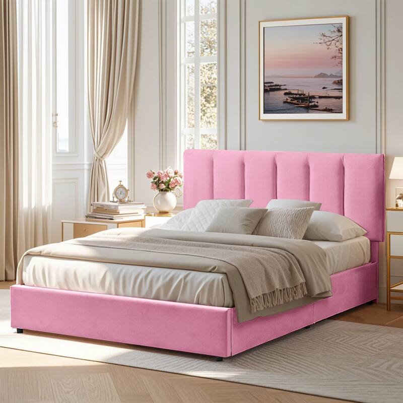 Pink Bed Frame with 4 Storage Drawers, Upholstered Platform Bed Frame with Adjustable Headboard