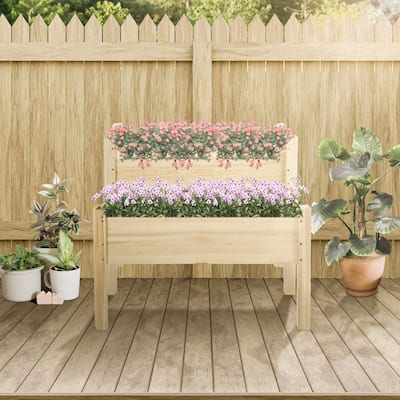 Backyard 2-Tier Elevated Wood Planter Box Raised Garden Bed Deep Trough-shaped Planter Boxes for Vegetables Herbs