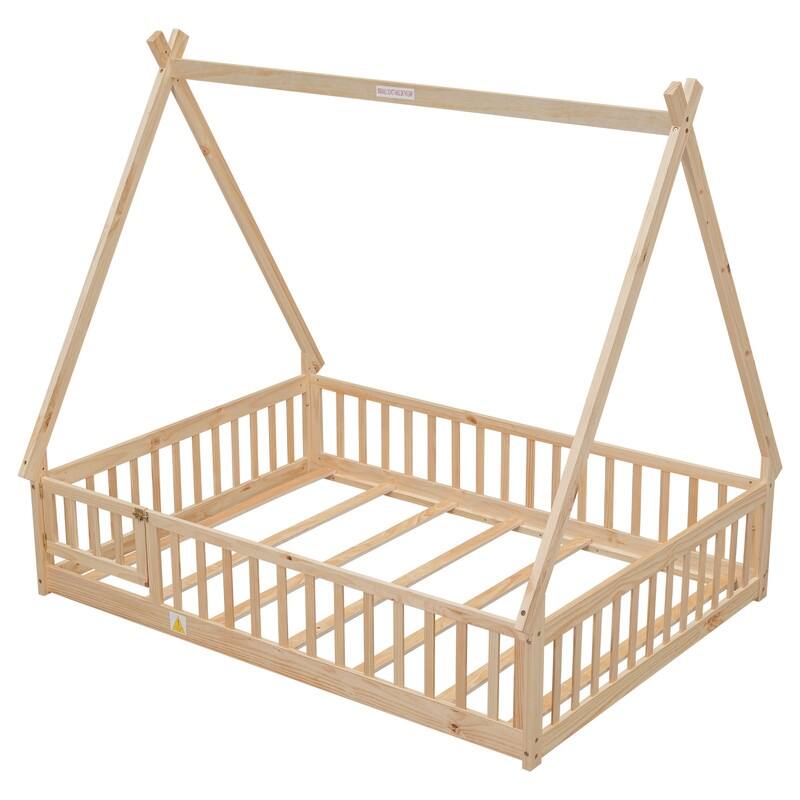 Tent-shaped Full Size Floor Bed with Guardrails, Slats, Door, for Kids