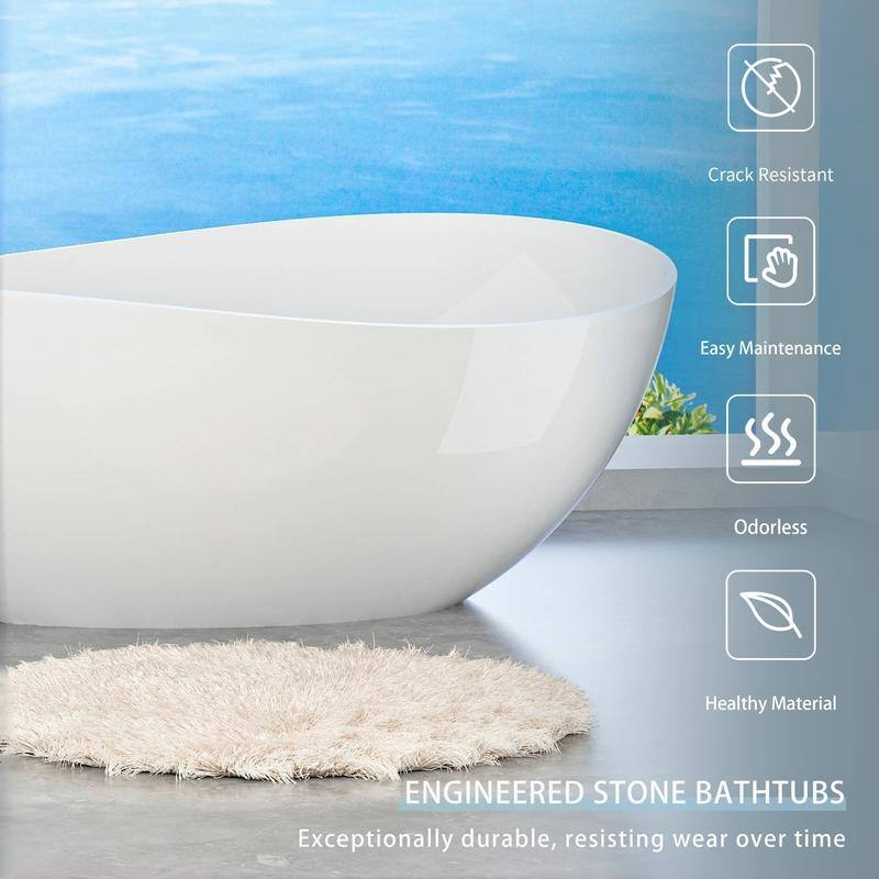 ABRUZZO 63" Freestanding Solid Surface Soaking Bathtub with Overflow & Pop-up Drain in Glossy White