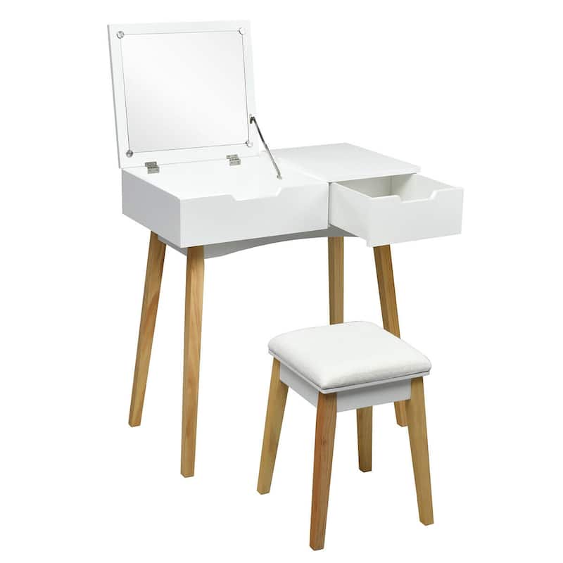 Gymax Vanity Makeup Table Cushioned Stool Set W/Flip Top Mirror &1