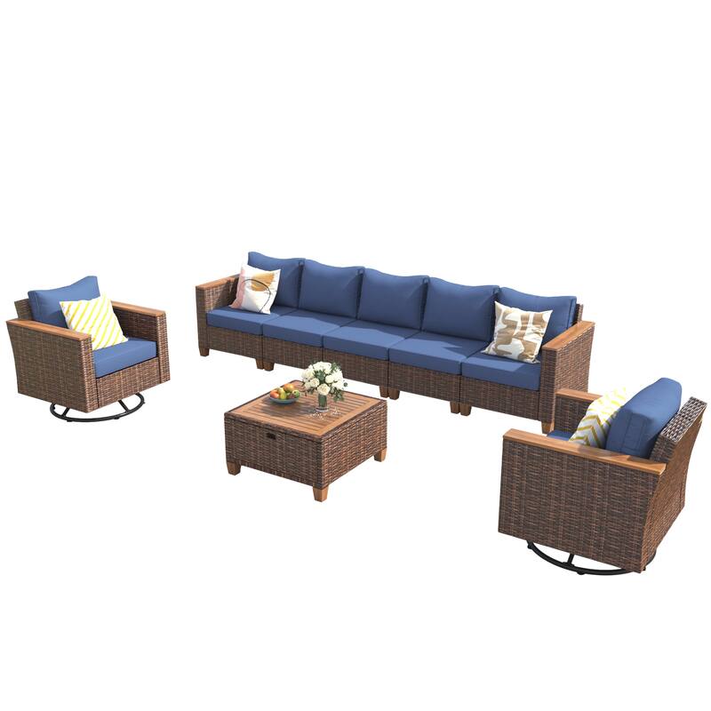 8-Piece Patio Furniture Set with Storage Table and Rattan Swivel Rocking Chairs, Outdoor Wicker Conversation Set for Backyard