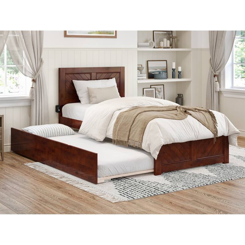 Rustic Twin XL Bed with Trundle & Footboard - Platform Bed Frame, Walnut Finish