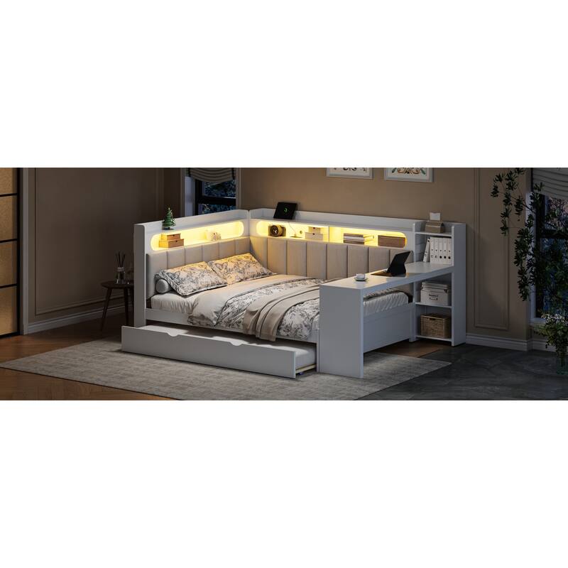 Roomfitters Full Daybed with Trundle, Charging Station and Upholstered Headboard