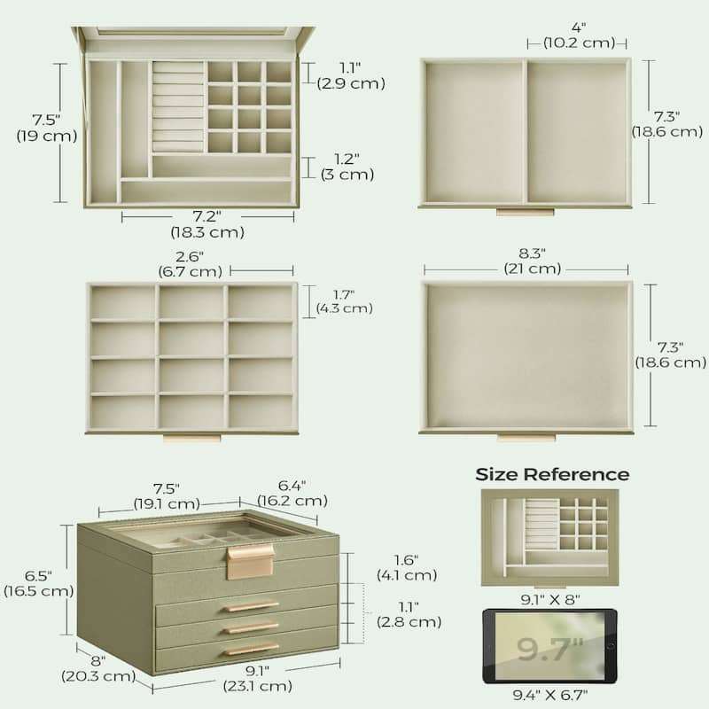 Modern Jewelry Organizer with Multiple Drawers Glass Top and Velvet Interior for Storage