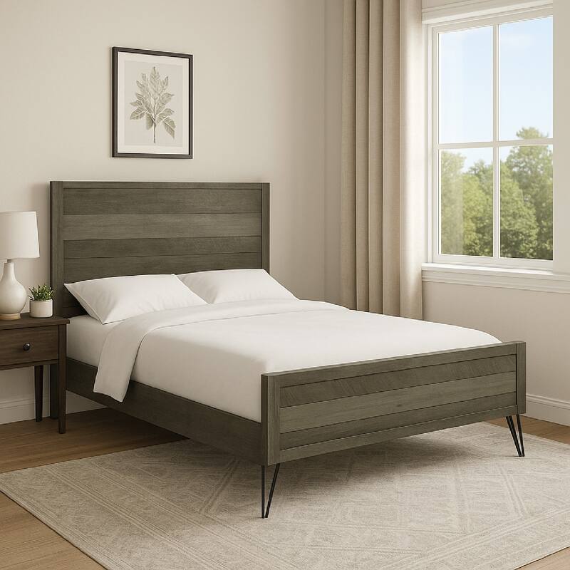 Modern Queen Bed, Panel Headboard and Footboard, Flared Metal Legs, Gray