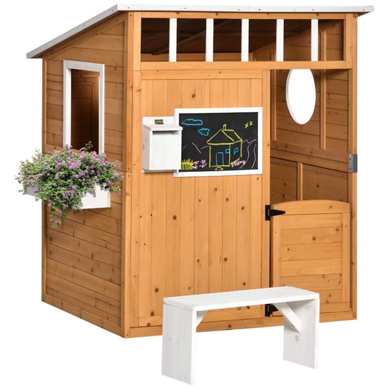 Yellow Wooden Kids Outdoor Playhouse with Mailbox Blackboard Bench and Flowerpot Holder - 48" L x 42.5" W x 53.25" H