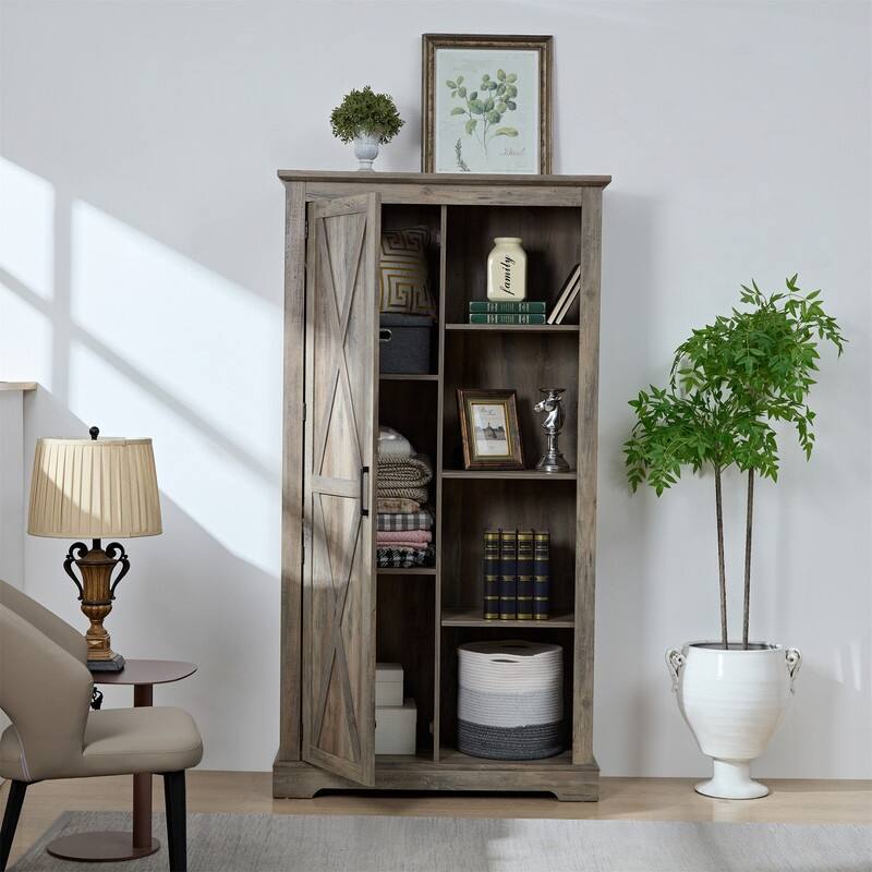 Tall Barn Door Kitchen Pantry Storage Cabinet with Adjustable Shelves