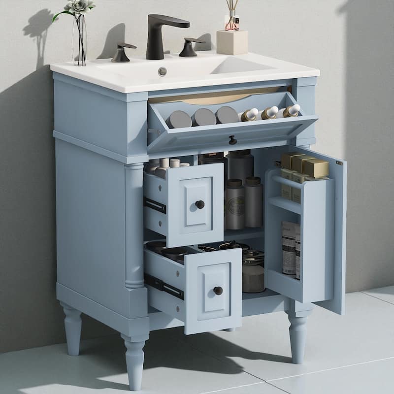 24" Freestanding Bathroom Vanity with Ceramic Sink, Solid Rubberwood Frame, Flip Drawer & Adjustable Shelf