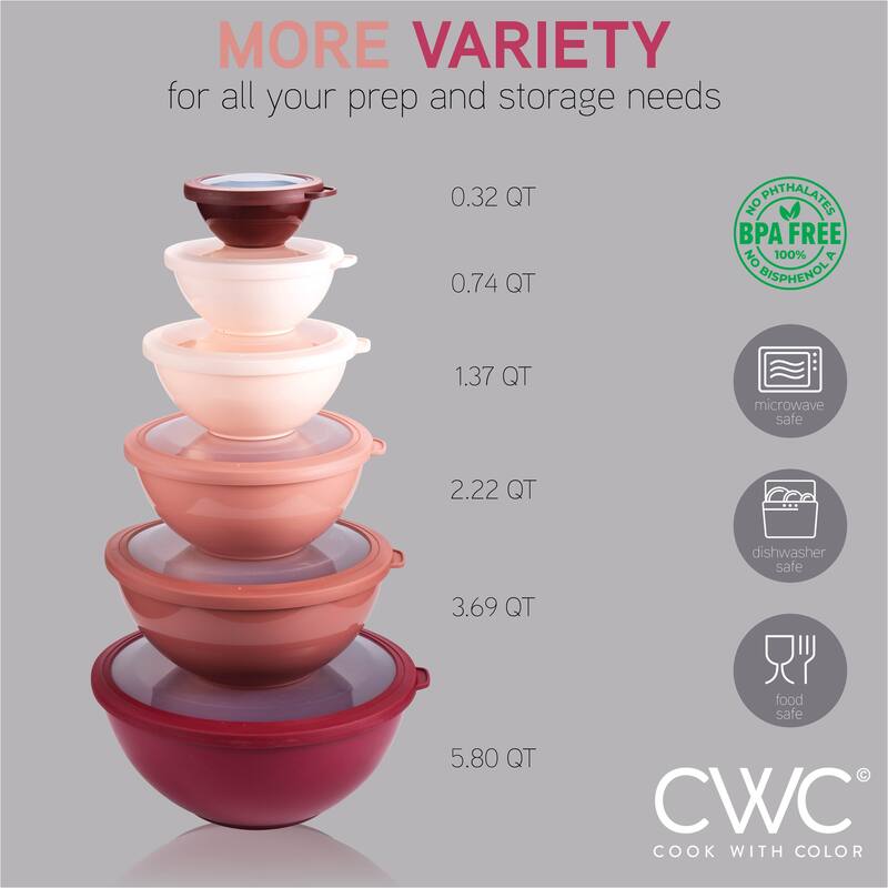 COOK WITH COLOR - 12 Piece Plastic Nesting Bowls - 6 Prep Bowls and 6 Lids, Microwave Safe