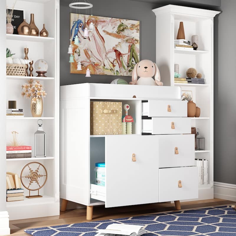 Baby Changing Table Dresser, 33.5" Baby Nursery Dresser with Drawers - White