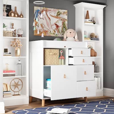 Baby Changing Table Dresser, 33.5" Baby Nursery Dresser with Drawers