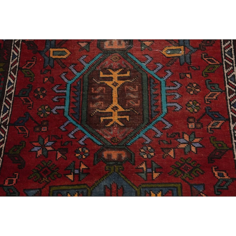 Hand Knotted Oriental 100% Wool Carpet Traditional Geometric Red Heriz Runner Rug - 10' 9'' X 3' 2''