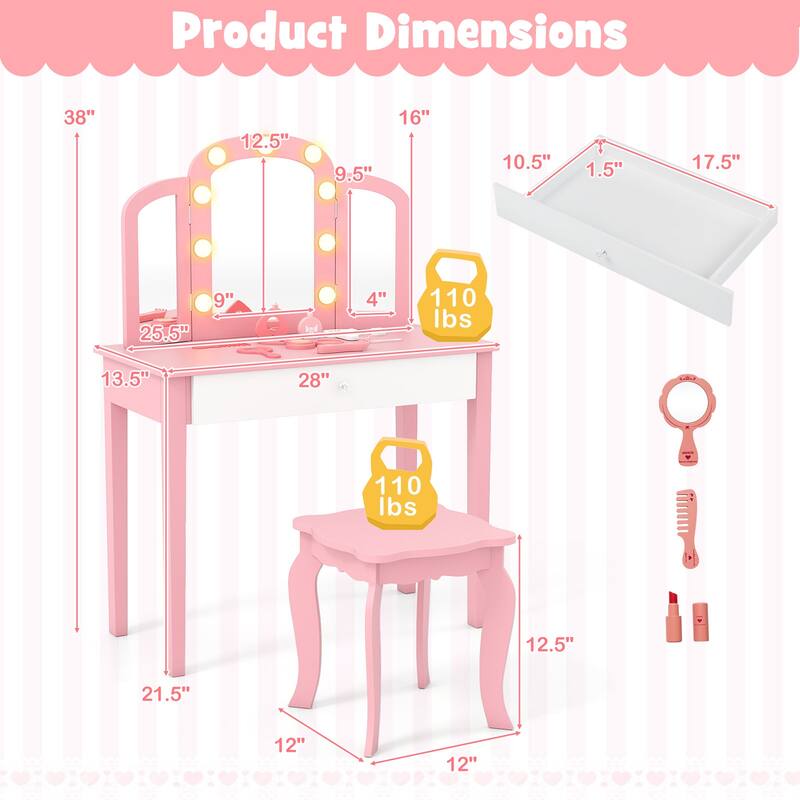 Gymax Kids Vanity Table Set 2-in-1 Princess Makeup Dressing Desk