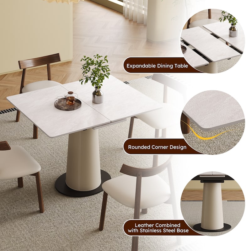 Retractable Rock Slab Dining Table Set, Modern 5-Piece Expandable Table with 4 Wooden Leg Chairs & Leather-Wrapped Base