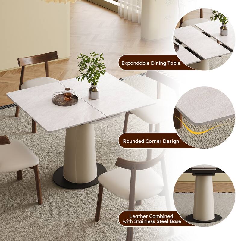Roomfitters Retractable Rock Slab Dining Table Set, Modern Expandable Square Table with 6 Chairs, White