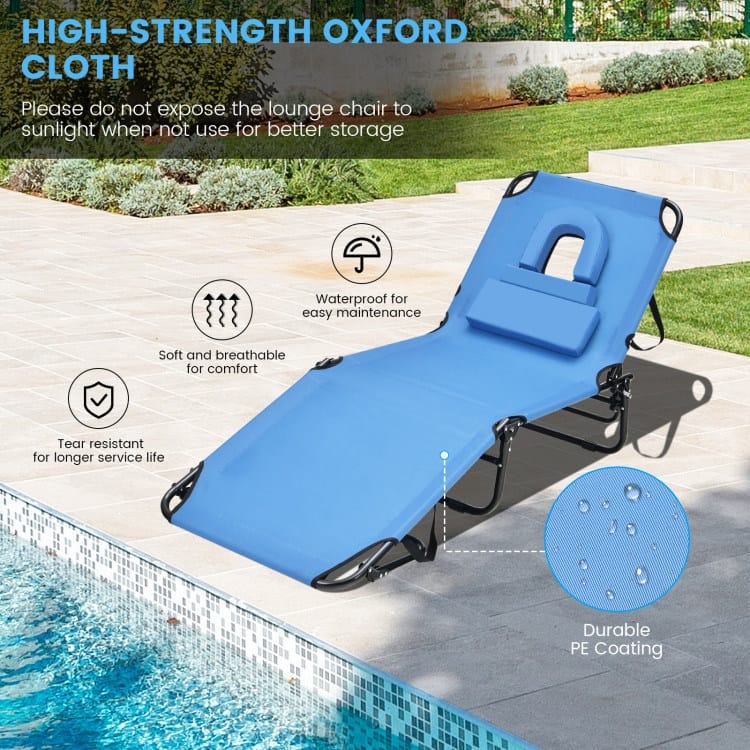 Beach Chaise Lounge Chair with Face Hole and Removable Pillow