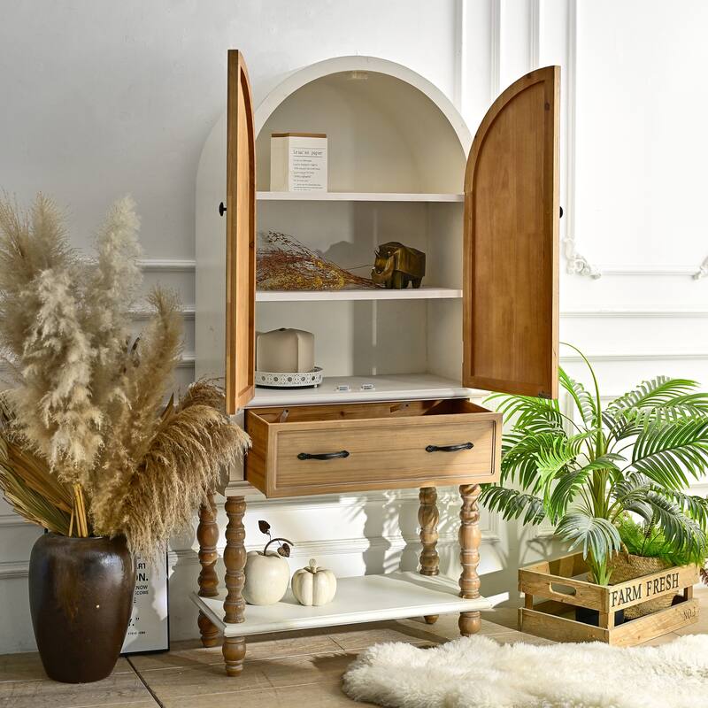 GDFStudio Lysandra Arched Flower Fir Wood Cabinet with Drawer and Carved Door