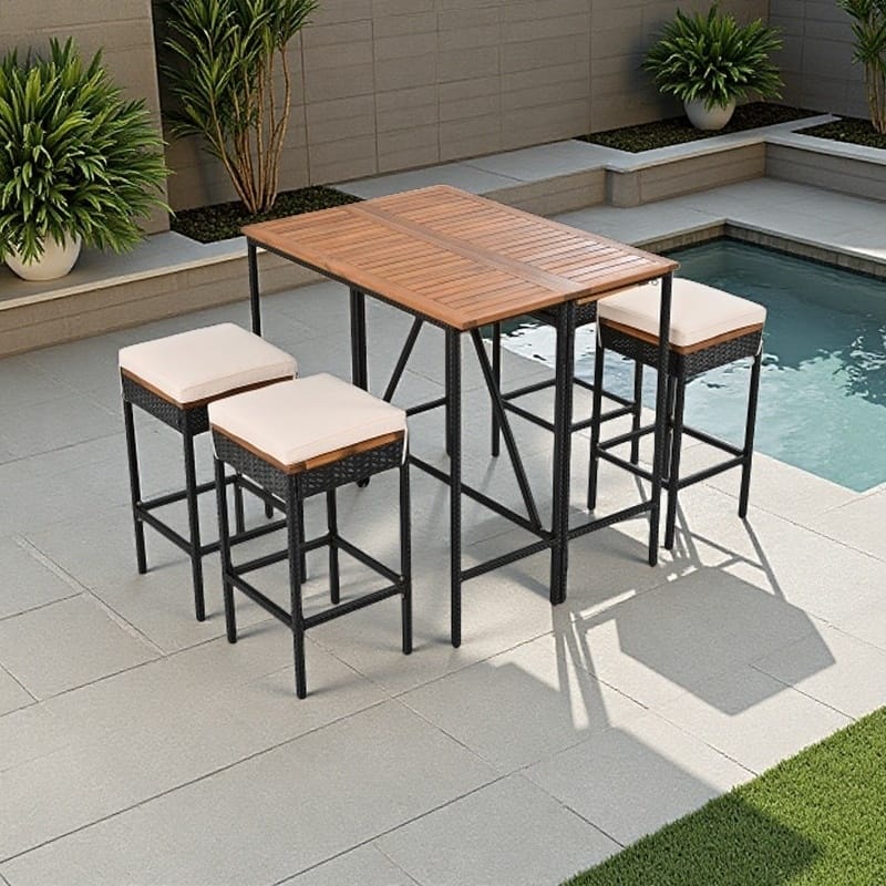 5-Piece Bar Height Patio Dining Set with Foldable Acacia Wood Table and 4 Cushioned Wicker Stools