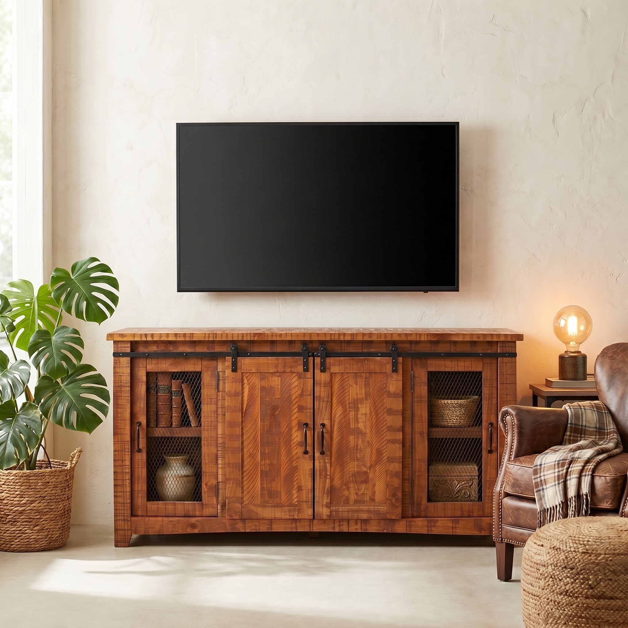 Rustic Farmhouse TV Stand with Barn Doors & Storage 65 Inch Entertainment Console