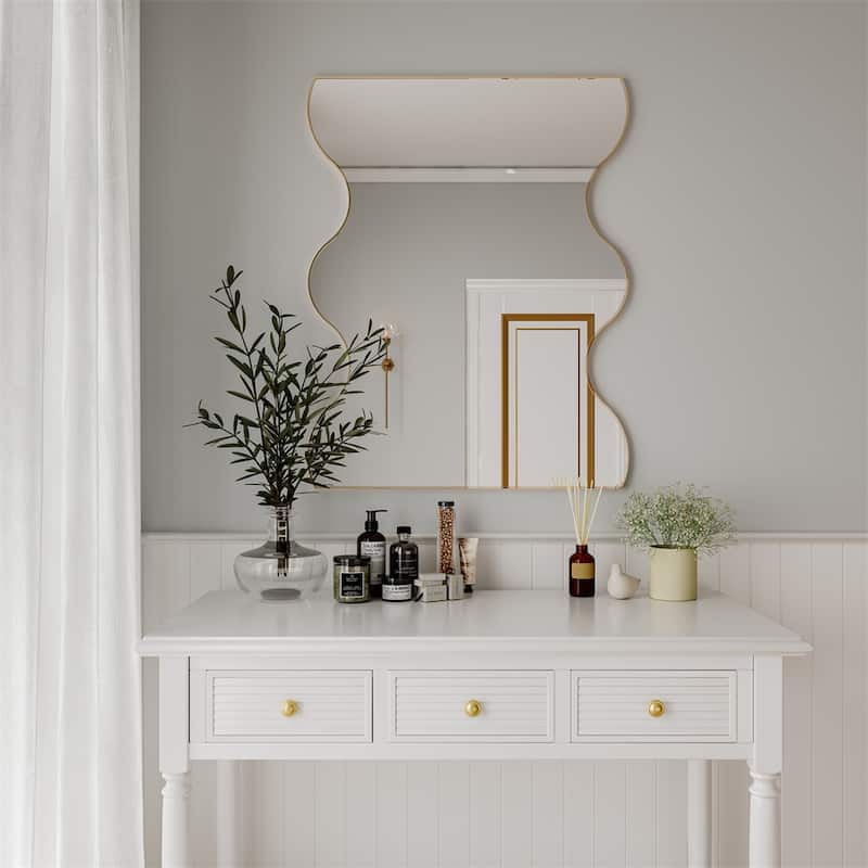 Golden Rectangular Wall Mirror with 2 Wavy Sides Metal Framed