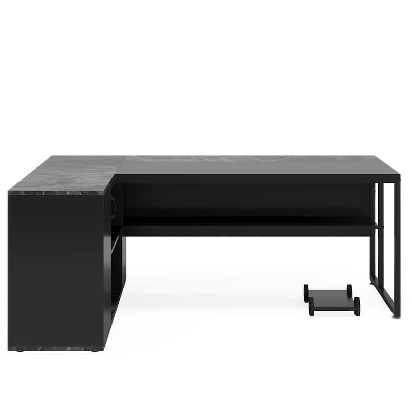 71" L-Shaped Executive Desk with Storage Cabinet & Shelves Black