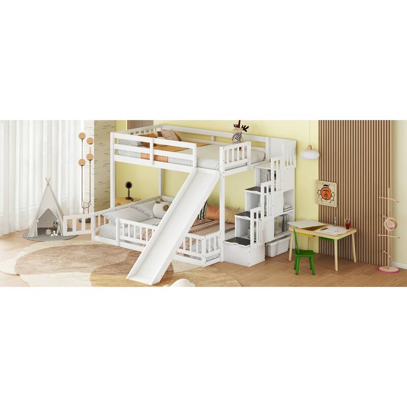 Roomfitters Twin Over Full Bunk Bed with Slide and Storage Staircase, Solid Pine Wood Bunk Bed with Guardrails
