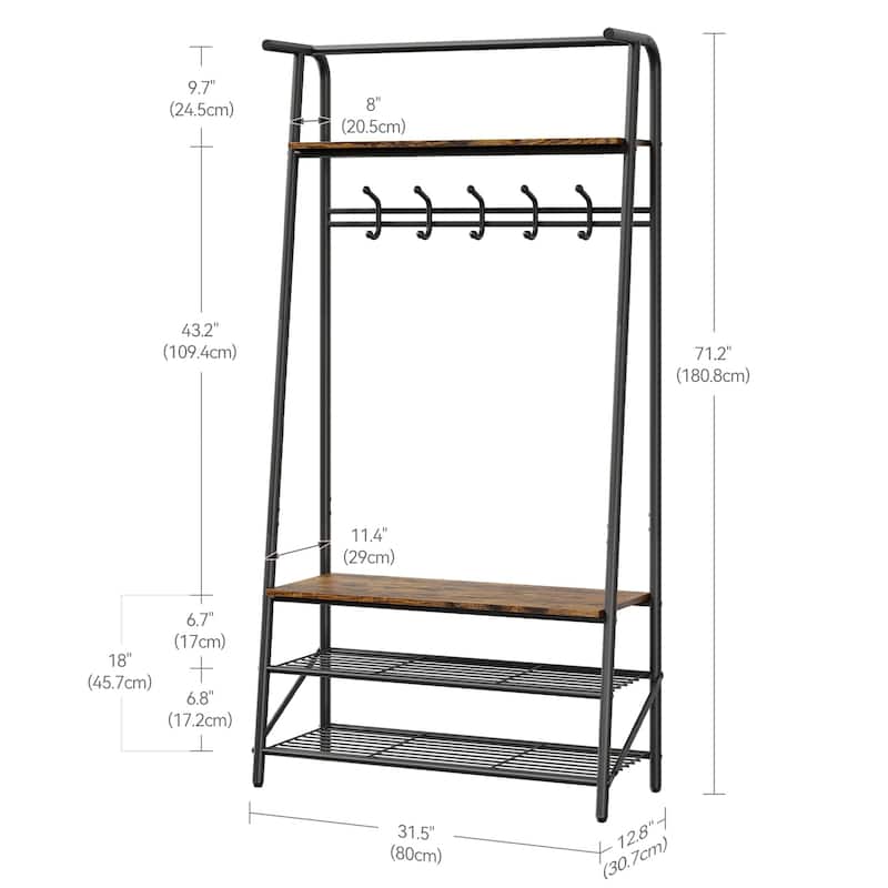 Rustic 4-in-1 Hall Tree Bench with Shoe Rack, Storage Shelf, and 5 C-Shaped Hooks in Brown & Black - 31.5*12.8*71.2in