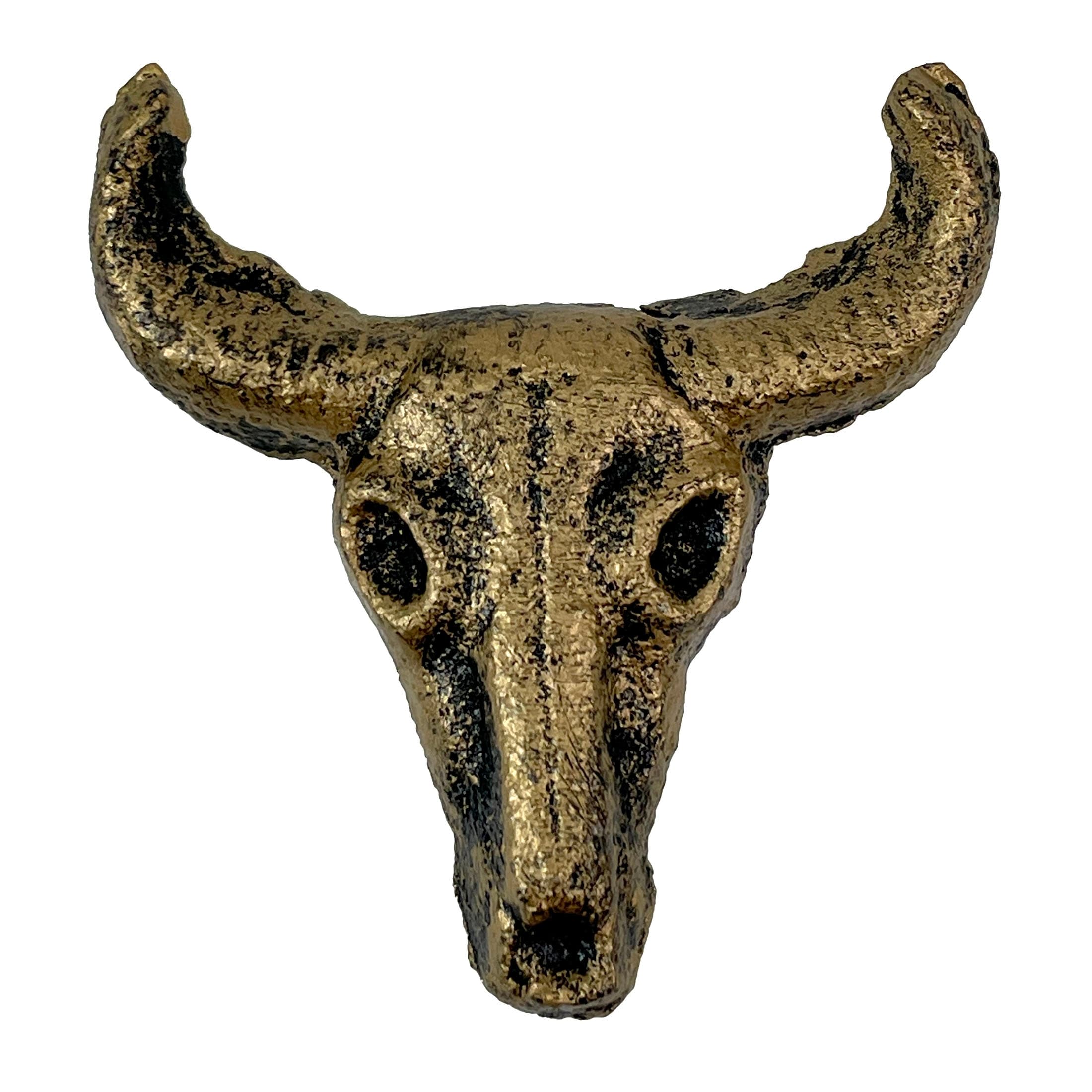 Set Of 6 Steer Skull Drawer Pulls, 2 Inch Gold Cast Iron - 2 X 2 X 1.25 inches