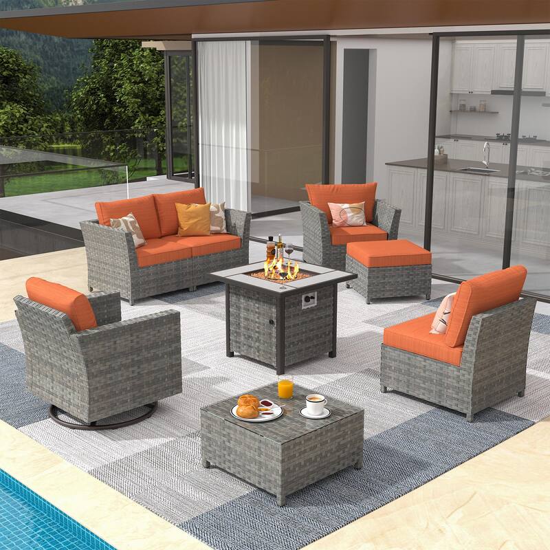 XIZZI 8-piece Outdoor Furniture Wicker Sofa Set with Fire Pit - Red/Orange