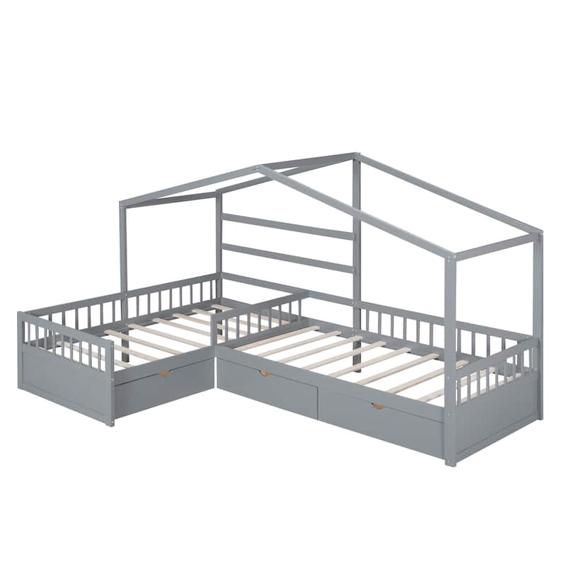 Twin Size House Bed Wood L-Shaped Platform Bed with 3 Storage Drawers