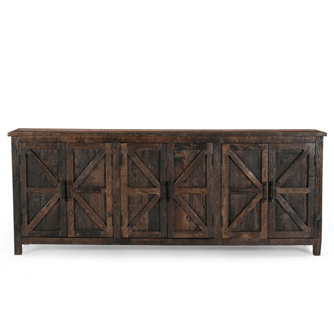 HomeRoots 84" Dark Brown Distressed Reclaimed Wood Paneled Sideboard with Six Doors - 84.00 in. x 33.00 in. x 16.00 in.