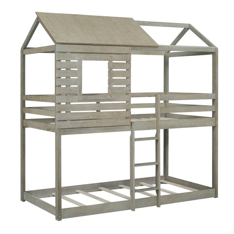 Twin Over Twin Wooden Bunk Bed with Roof, Window, Guardrail & Ladder