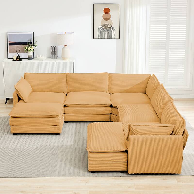 7-Seater Corduroy Sectional Sofa with 2 Removable Ottomans & Corner Seat, Soft & Comfortable - 5 Seats with 2 Ottoman