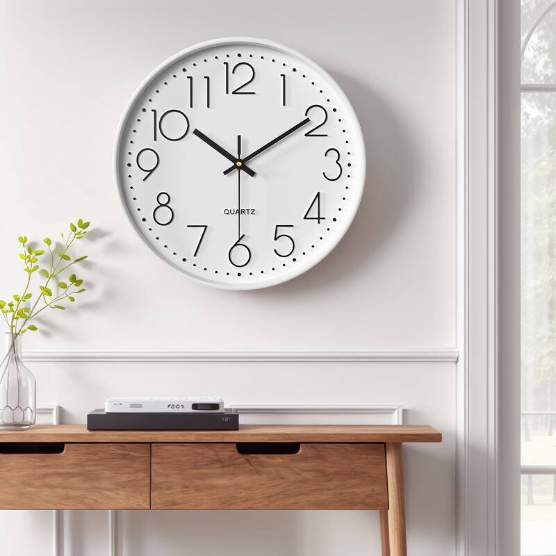 Simple Wall Clock, Big Number, Silent Non-Ticking Modern Battery Operated, Classic Analog Clocks Decorative 12x12x1.8 Inch - White