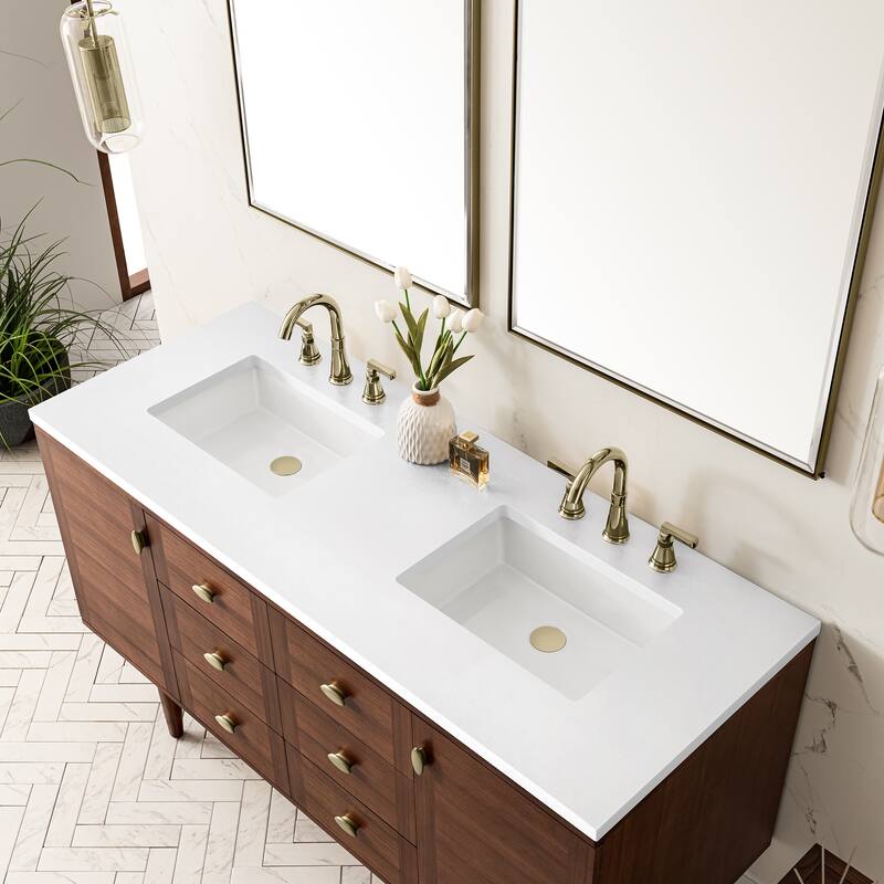James Martin Vanities Amberly 60" Double Vanity, Mid-Century Walnut - White Zeus Quartz
