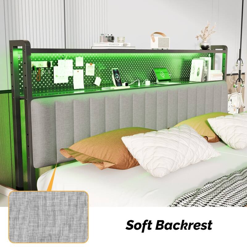 Adjustable Upholstered Headboard with 2 Tier Shelves with Charging Stations and LED Lights, Modern Bed Headboard with Storage