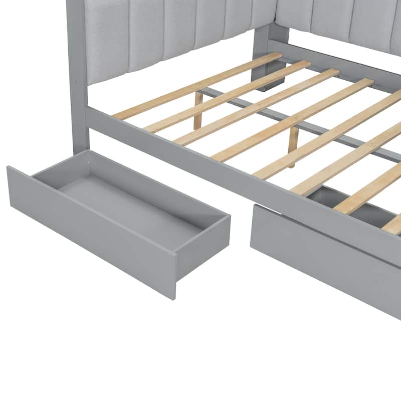 Full Daybed with Storage Shelves Built-in Charging Station LED Light, L-shape Upholstered Sofa Bed with 2 Drawers, Cabinet, Desk